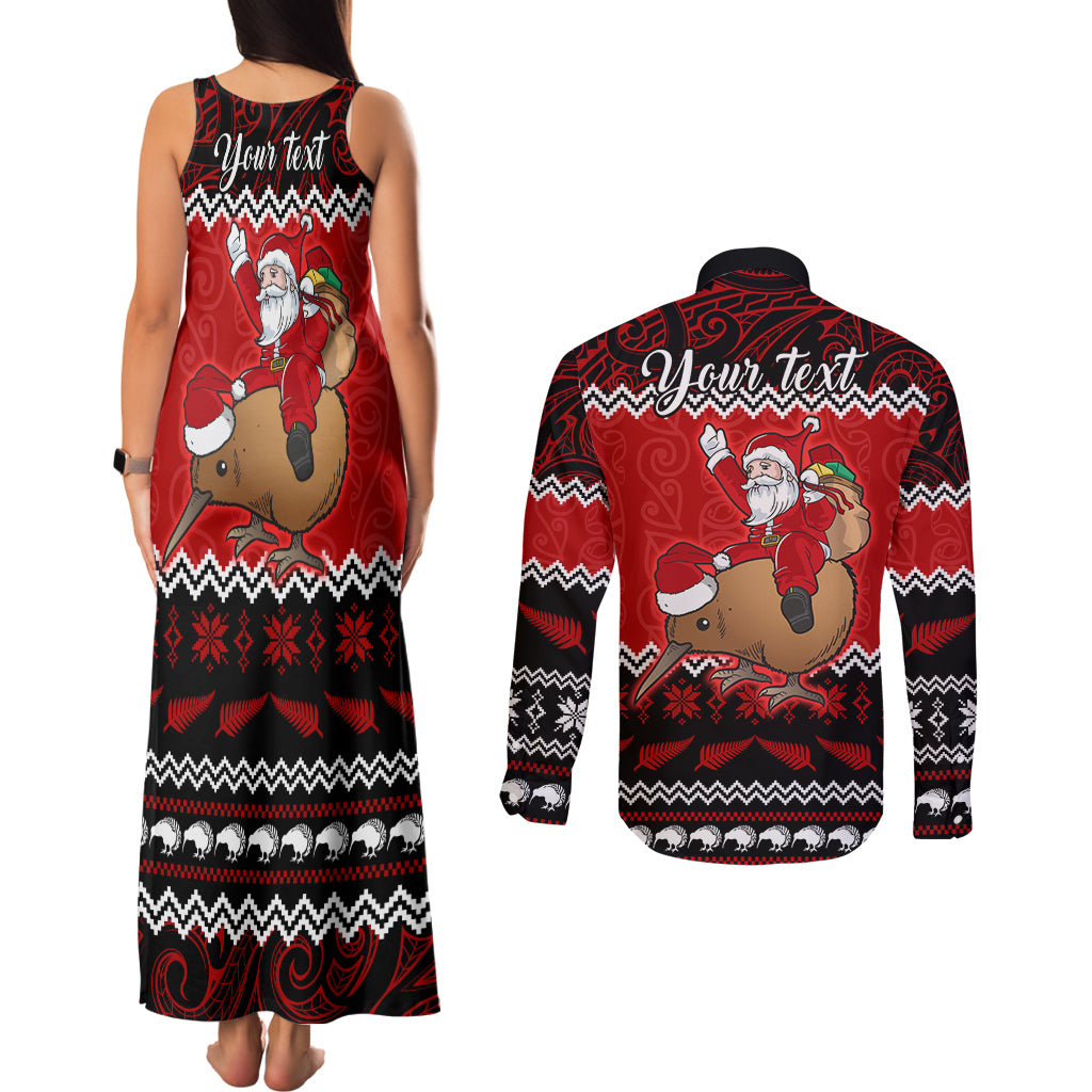 Personalised New Zealand Christmas Couples Matching Tank Maxi Dress and Long Sleeve Button Shirt Kiwi Santa Claus Maori Meri Kirihimete LT9 - Polynesian Pride