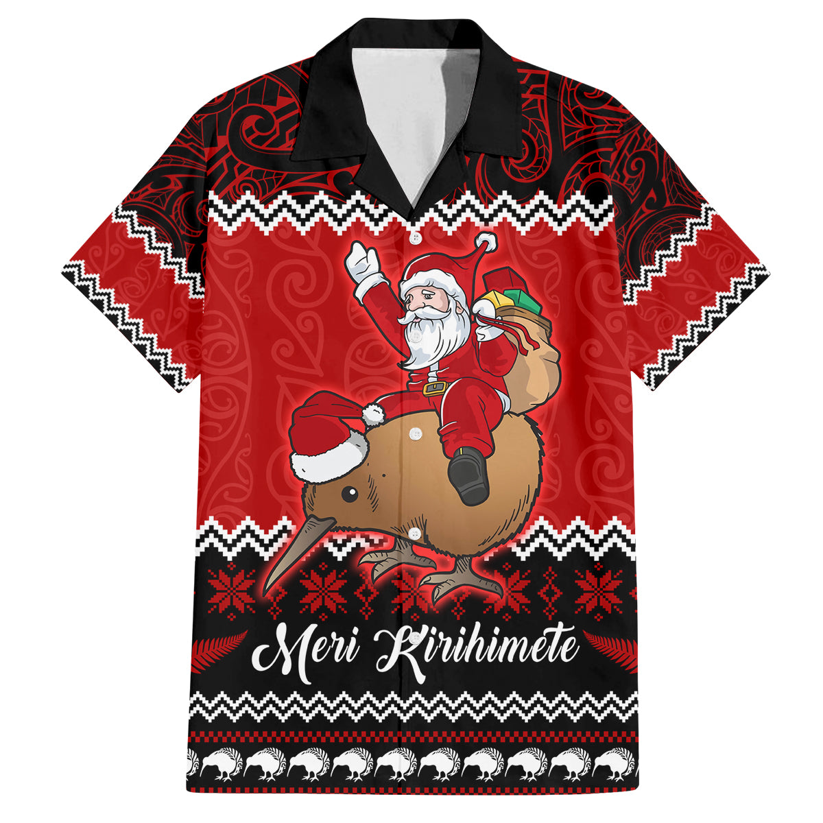Personalised New Zealand Christmas Family Matching Long Sleeve Bodycon Dress and Hawaiian Shirt Kiwi Santa Claus Maori Meri Kirihimete LT9 Dad's Shirt - Short Sleeve Red - Polynesian Pride