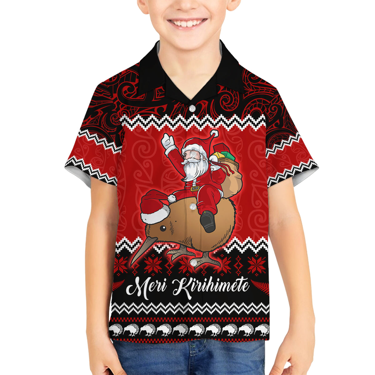 Personalised New Zealand Christmas Family Matching Tank Maxi Dress and Hawaiian Shirt Kiwi Santa Claus Maori Meri Kirihimete LT9 Son's Shirt Red - Polynesian Pride