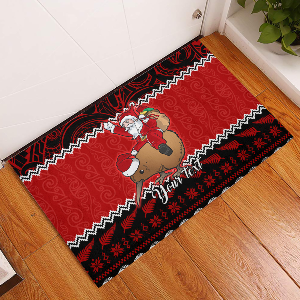 Personalised New Zealand Christmas Rubber Doormat Kiwi Santa Claus Maori Meri Kirihimete LT9 Red - Polynesian Pride