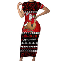 Personalised New Zealand Christmas Short Sleeve Bodycon Dress Kiwi Santa Claus Maori Meri Kirihimete LT9 Long Dress Red - Polynesian Pride