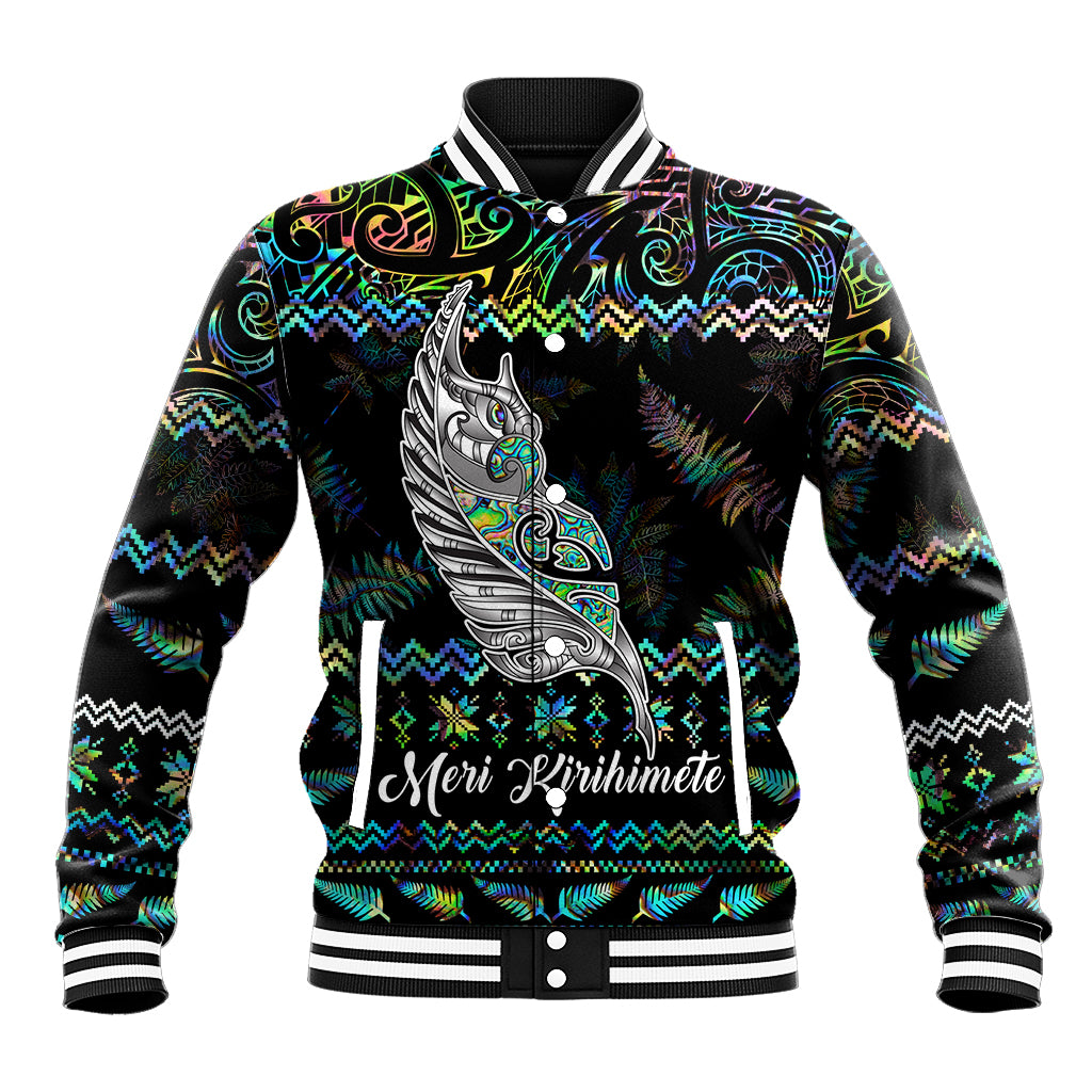 Personalised New Zealand Christmas Baseball Jacket Maori Fern Manaia Meri Kirihimete with Papaua Shell LT9 Unisex Black - Polynesian Pride