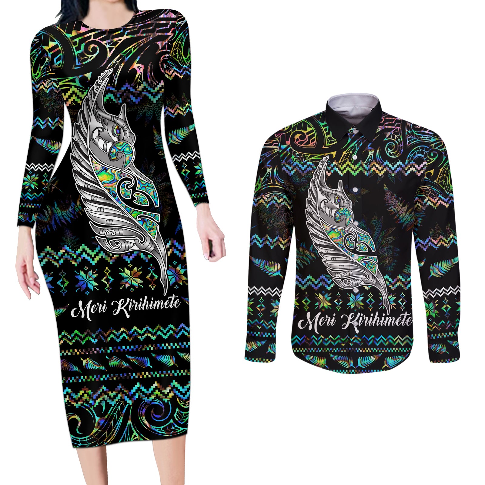 Personalised New Zealand Christmas Couples Matching Long Sleeve Bodycon Dress and Long Sleeve Button Shirt Maori Fern Manaia Meri Kirihimete with Papaua Shell LT9 Black - Polynesian Pride