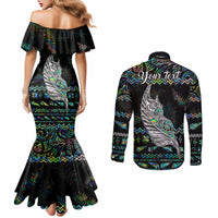 Personalised New Zealand Christmas Couples Matching Mermaid Dress and Long Sleeve Button Shirt Maori Fern Manaia Meri Kirihimete with Papaua Shell LT9 - Polynesian Pride