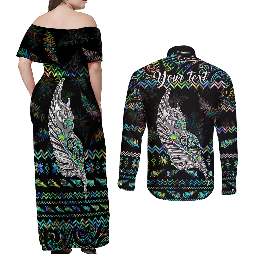 Personalised New Zealand Christmas Couples Matching Off Shoulder Maxi Dress and Long Sleeve Button Shirt Maori Fern Manaia Meri Kirihimete with Papaua Shell LT9 - Polynesian Pride