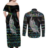 Personalised New Zealand Christmas Couples Matching Off Shoulder Maxi Dress and Long Sleeve Button Shirt Maori Fern Manaia Meri Kirihimete with Papaua Shell LT9 - Polynesian Pride