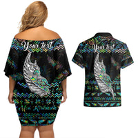 Personalised New Zealand Christmas Couples Matching Off Shoulder Short Dress and Hawaiian Shirt Maori Fern Manaia Meri Kirihimete with Papaua Shell LT9 - Polynesian Pride