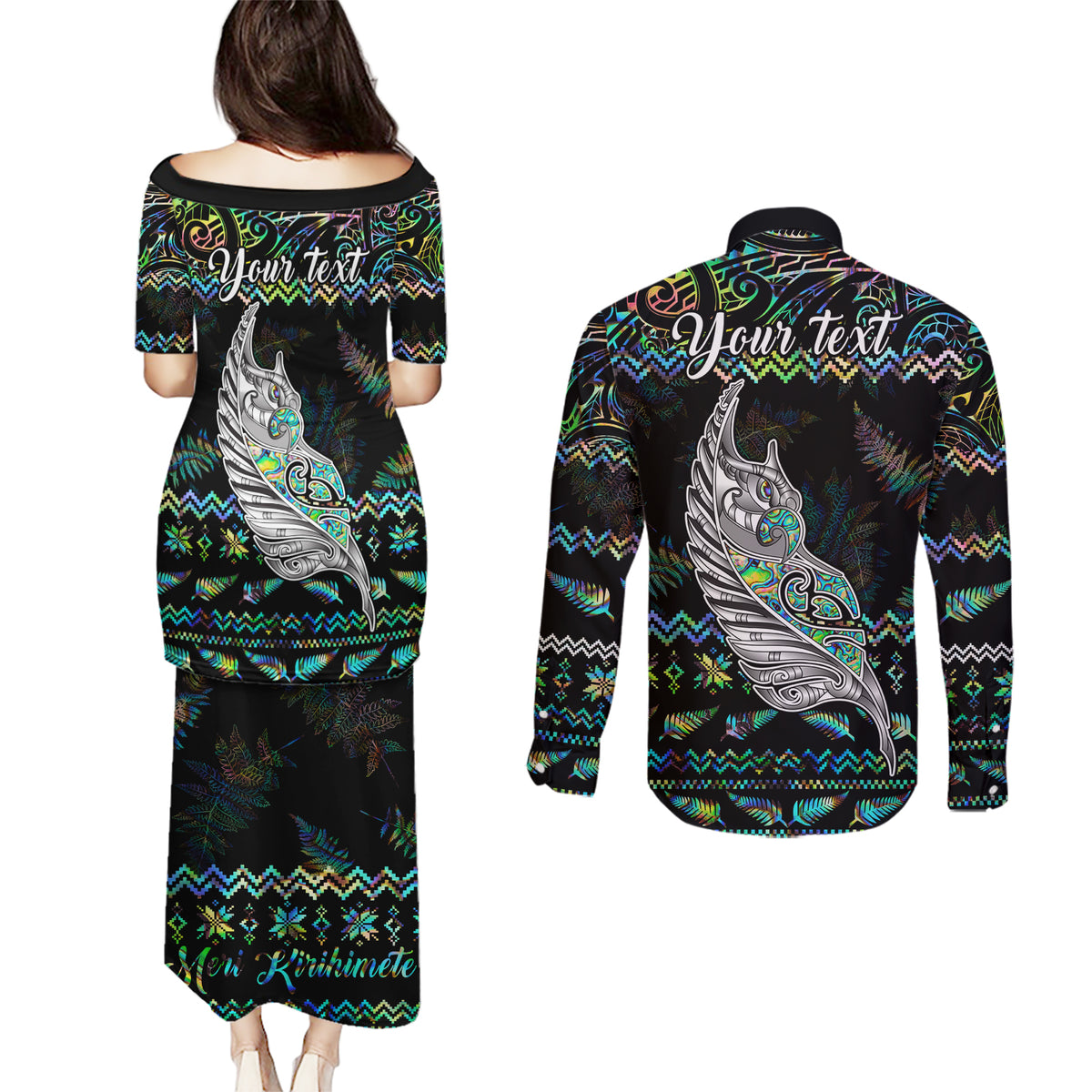 Personalised New Zealand Christmas Couples Matching Puletasi Dress and Long Sleeve Button Shirt Maori Fern Manaia Meri Kirihimete with Papaua Shell LT9 - Polynesian Pride