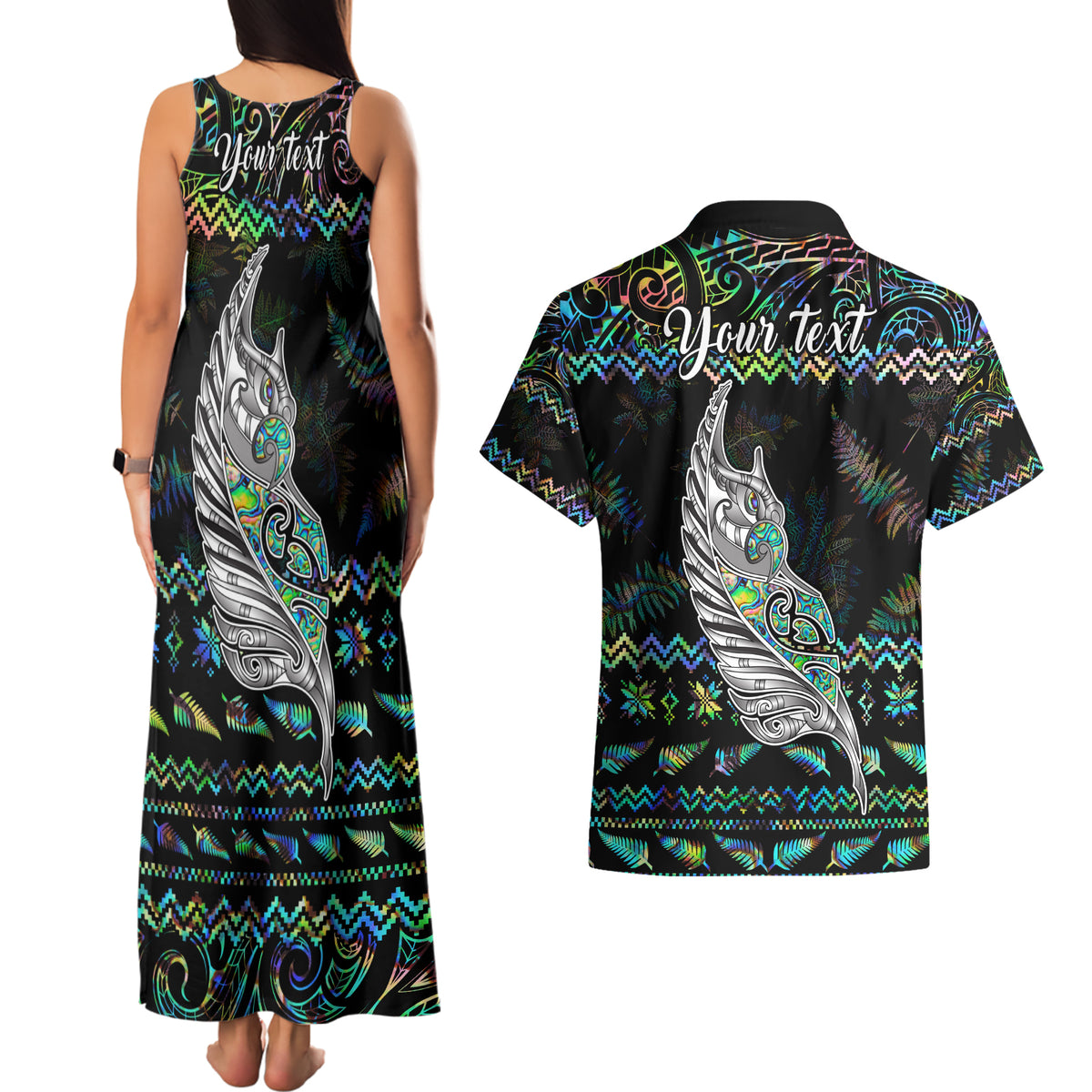 Personalised New Zealand Christmas Couples Matching Tank Maxi Dress and Hawaiian Shirt Maori Fern Manaia Meri Kirihimete with Papaua Shell LT9 - Polynesian Pride
