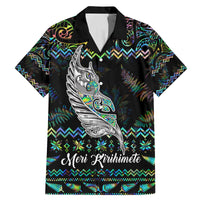 Personalised New Zealand Christmas Family Matching Mermaid Dress and Hawaiian Shirt Maori Fern Manaia Meri Kirihimete with Papaua Shell LT9 Dad's Shirt - Short Sleeve Black - Polynesian Pride