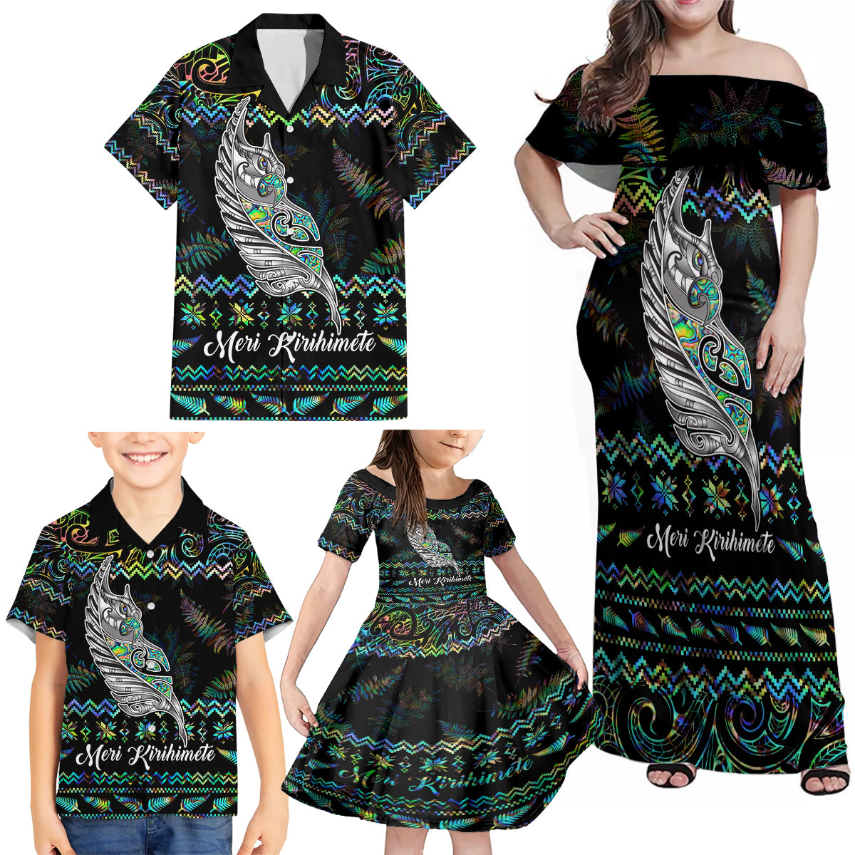 Personalised New Zealand Christmas Family Matching Off Shoulder Maxi Dress and Hawaiian Shirt Maori Fern Manaia Meri Kirihimete with Papaua Shell LT9 - Polynesian Pride