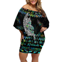 Personalised New Zealand Christmas Family Matching Off Shoulder Short Dress and Hawaiian Shirt Maori Fern Manaia Meri Kirihimete with Papaua Shell LT9 Mom's Dress Black - Polynesian Pride