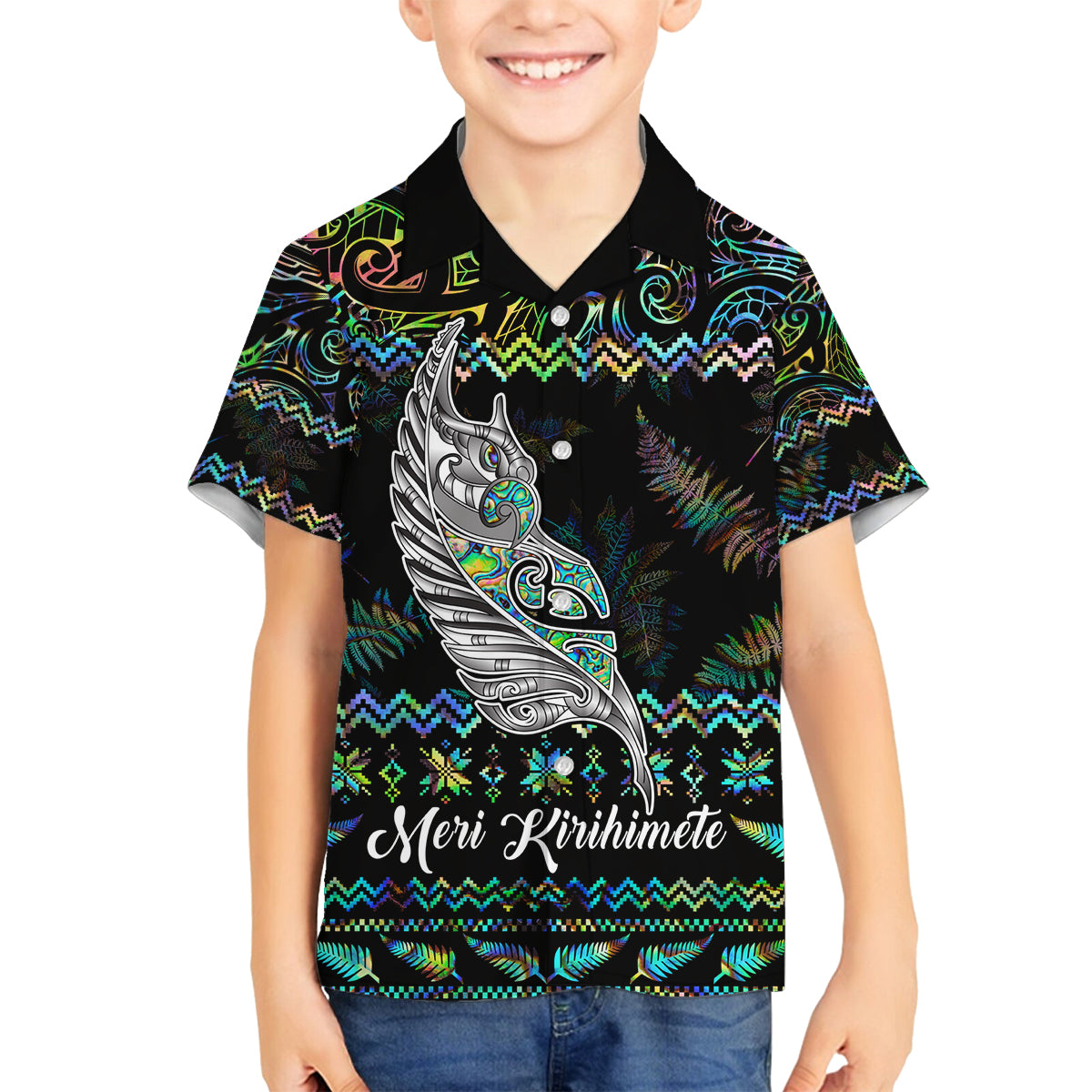 Personalised New Zealand Christmas Family Matching Tank Maxi Dress and Hawaiian Shirt Maori Fern Manaia Meri Kirihimete with Papaua Shell LT9 Son's Shirt Black - Polynesian Pride