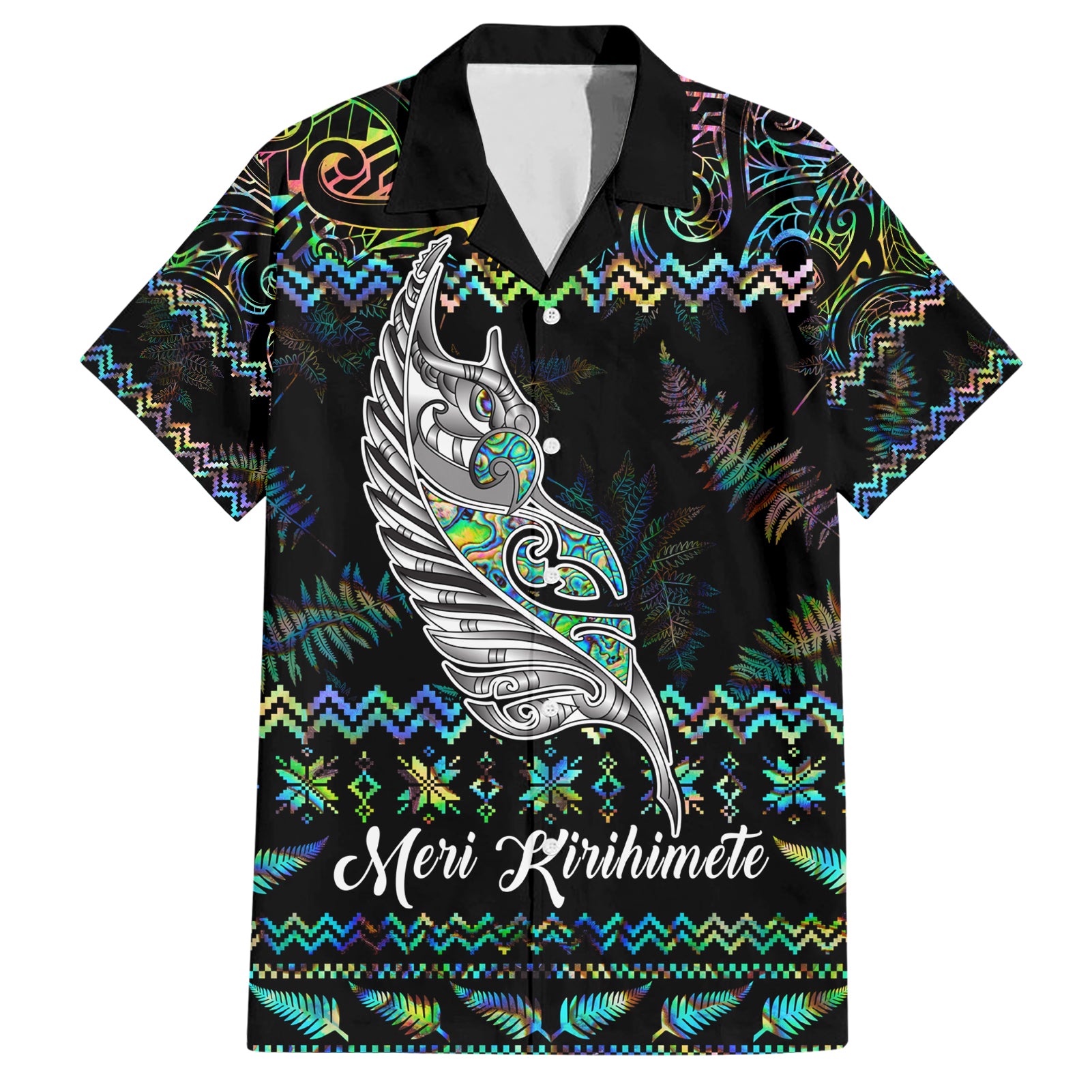 Personalised New Zealand Christmas Hawaiian Shirt Maori Fern Manaia Meri Kirihimete with Papaua Shell LT9 Black - Polynesian Pride