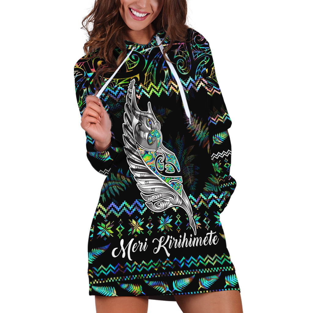 Personalised New Zealand Christmas Hoodie Dress Maori Fern Manaia Meri Kirihimete with Papaua Shell LT9 Black - Polynesian Pride