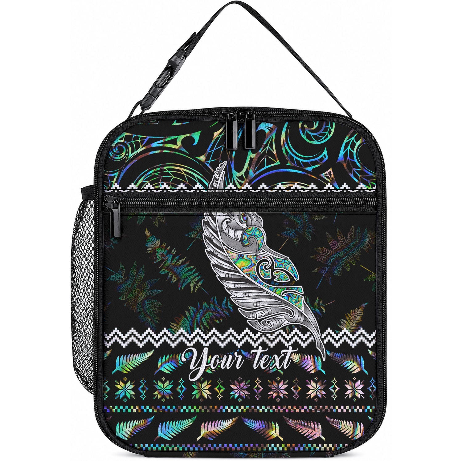 Personalised New Zealand Christmas Lunch Bag Maori Fern Manaia Meri Kirihimete with Papaua Shell LT9 10.2 × 8.3 × 4.3 inch Black - Polynesian Pride