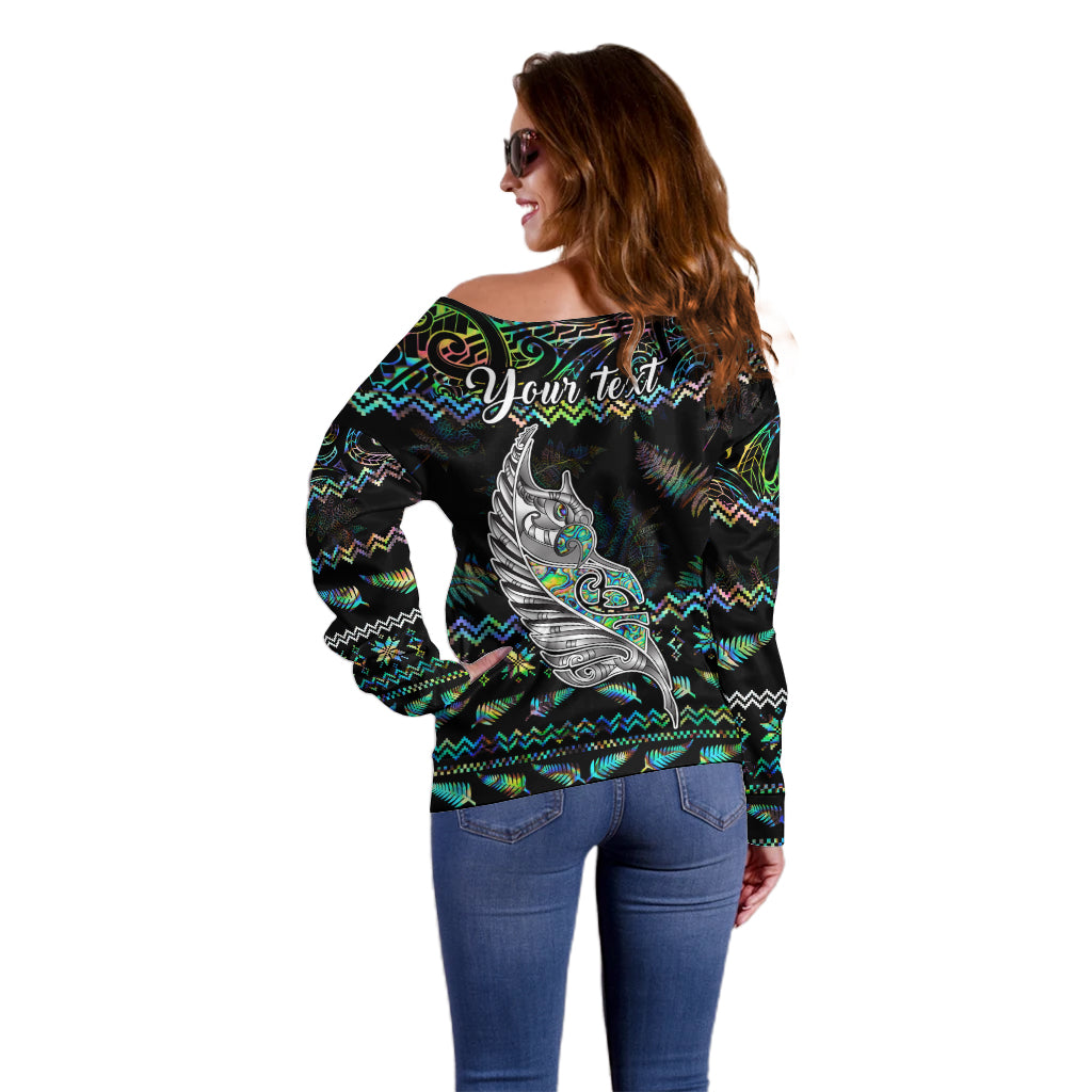 Personalised New Zealand Christmas Off Shoulder Sweater Maori Fern Manaia Meri Kirihimete with Papaua Shell LT9 - Polynesian Pride