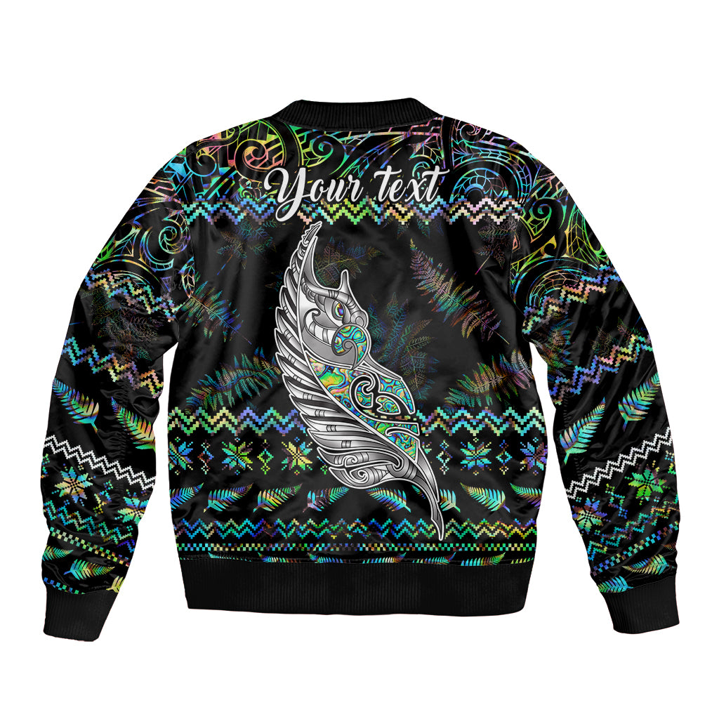 Personalised New Zealand Christmas Sleeve Zip Bomber Jacket Maori Fern Manaia Meri Kirihimete with Papaua Shell LT9 - Polynesian Pride