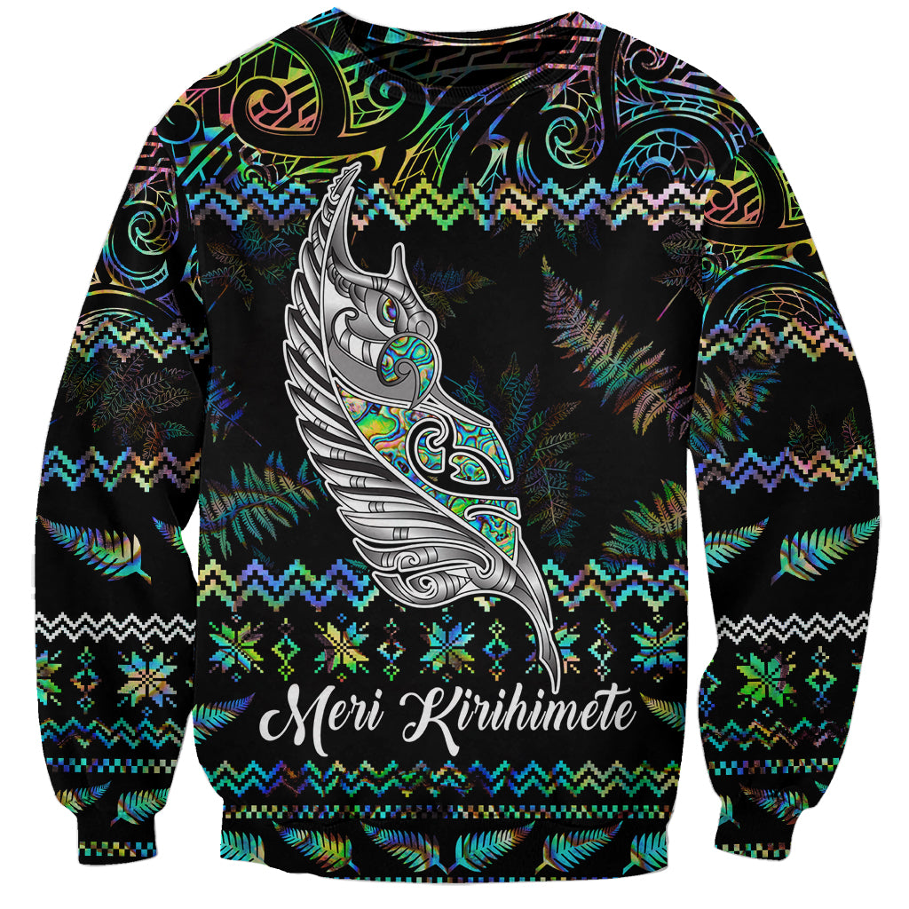 Personalised New Zealand Christmas Sweatshirt Maori Fern Manaia Meri Kirihimete with Papaua Shell LT9 Unisex Black - Polynesian Pride