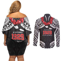 Samoa Black Saturday Couples Matching Off Shoulder Short Dress and Long Sleeve Button Shirt Samoa mo Samoa with Black Ula Fala