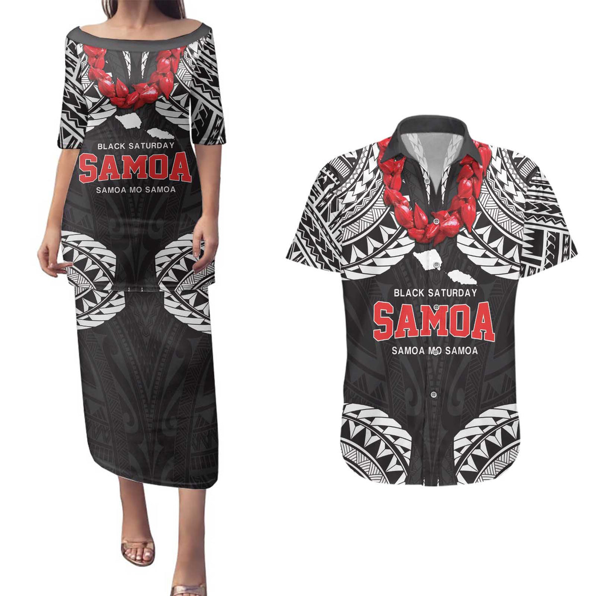 Samoa Black Saturday Couples Matching Puletasi and Hawaiian Shirt Samoa mo Samoa with Black Ula Fala