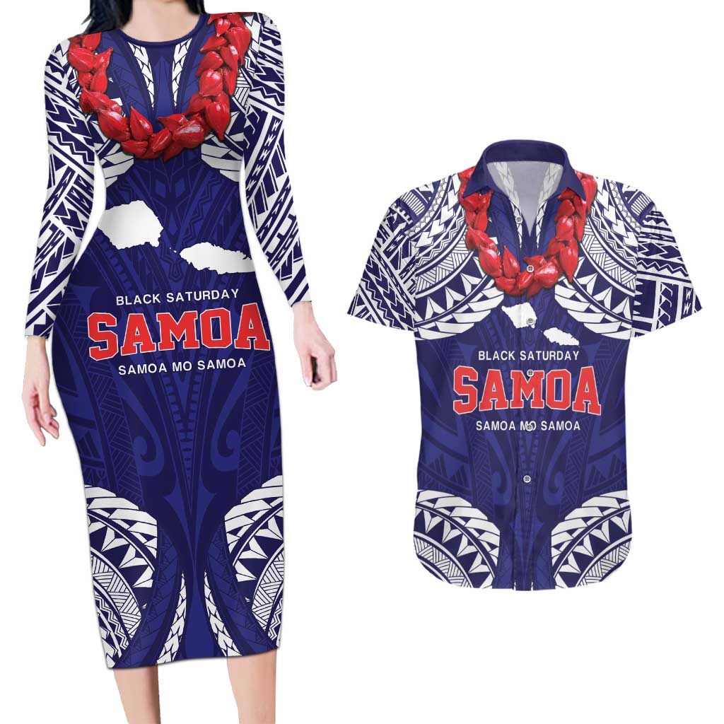 Samoa Black Saturday Couples Matching Long Sleeve Bodycon Dress and Hawaiian Shirt Samoa mo Samoa with Blue Ula Fala