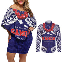 Samoa Black Saturday Couples Matching Off Shoulder Short Dress and Long Sleeve Button Shirt Samoa mo Samoa with Blue Ula Fala