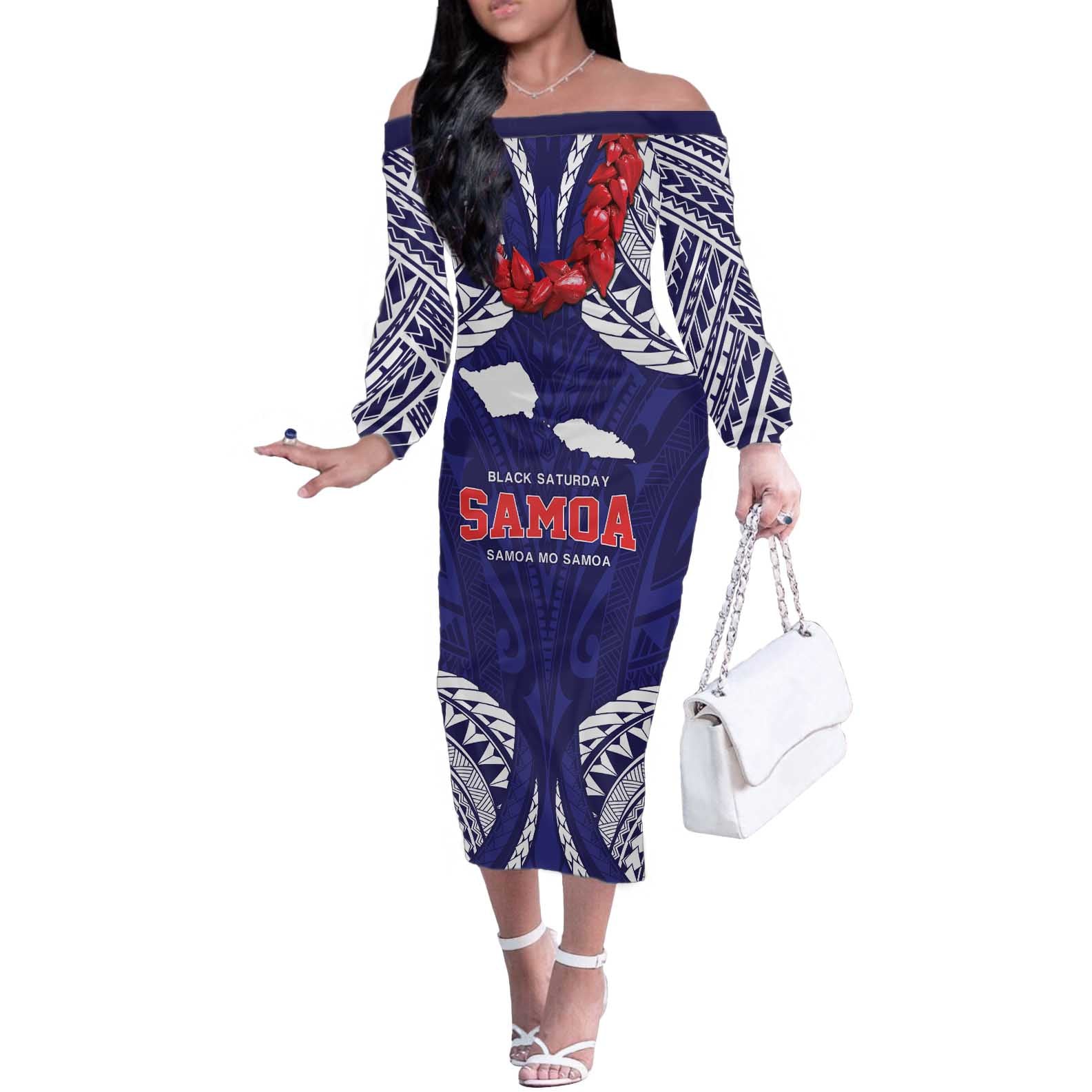 Samoa Black Saturday Off The Shoulder Long Sleeve Dress Samoa mo Samoa with Blue Ula Fala