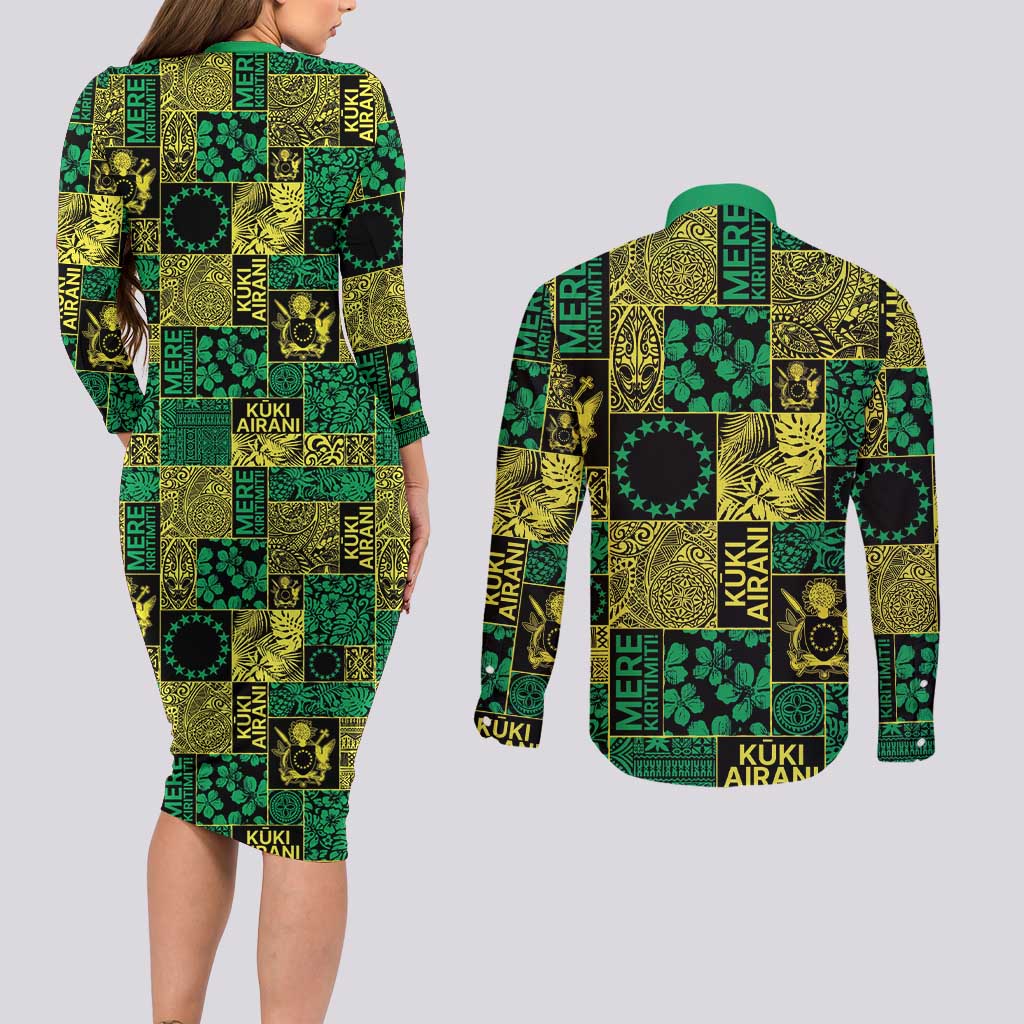 Cook Islands Mere Kiritimiti Couples Matching Long Sleeve Bodycon Dress and Long Sleeve Button Shirt Pacific Patchwork Xmas Vibes - Polynesian Pride