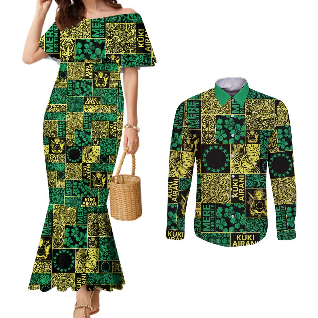 Cook Islands Mere Kiritimiti Couples Matching Mermaid Dress and Long Sleeve Button Shirt Pacific Patchwork Xmas Vibes - Polynesian Pride