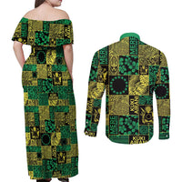 Cook Islands Mere Kiritimiti Couples Matching Off Shoulder Maxi Dress and Long Sleeve Button Shirt Pacific Patchwork Xmas Vibes - Polynesian Pride