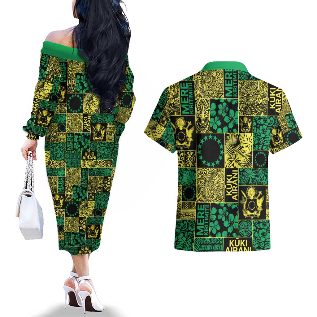 Cook Islands Mere Kiritimiti Couples Matching Off The Shoulder Long Sleeve Dress and Hawaiian Shirt Pacific Patchwork Xmas Vibes - Polynesian Pride