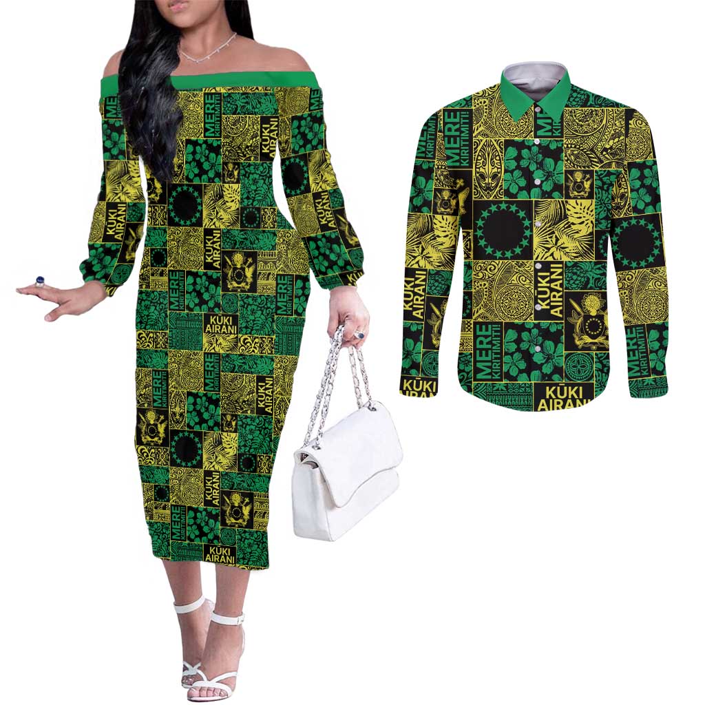 Cook Islands Mere Kiritimiti Couples Matching Off The Shoulder Long Sleeve Dress and Long Sleeve Button Shirt Pacific Patchwork Xmas Vibes - Polynesian Pride
