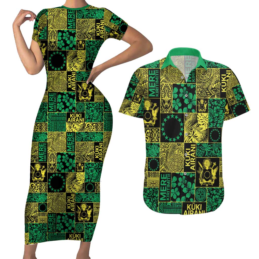 Cook Islands Mere Kiritimiti Couples Matching Short Sleeve Bodycon Dress and Hawaiian Shirt Pacific Patchwork Xmas Vibes - Polynesian Pride