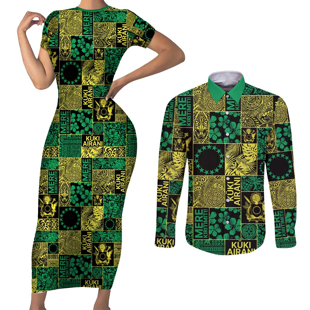 Cook Islands Mere Kiritimiti Couples Matching Short Sleeve Bodycon Dress and Long Sleeve Button Shirt Pacific Patchwork Xmas Vibes - Polynesian Pride