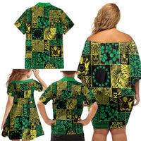 Cook Islands Mere Kiritimiti Family Matching Off Shoulder Short Dress and Hawaiian Shirt Pacific Patchwork Xmas Vibes - Polynesian Pride
