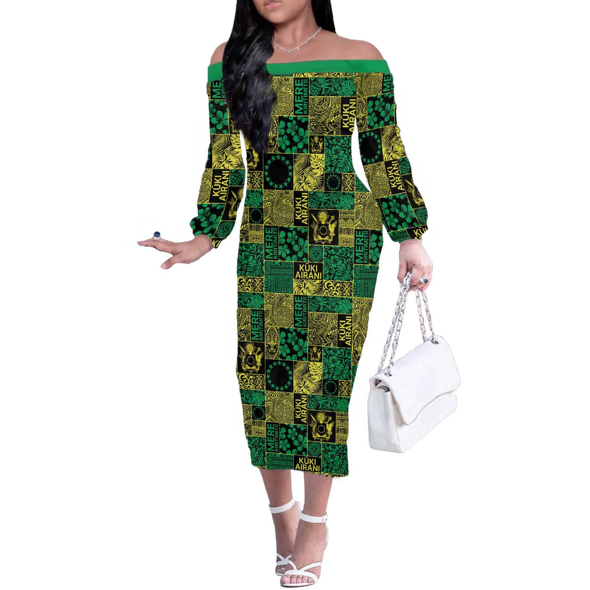 Cook Islands Mere Kiritimiti Off The Shoulder Long Sleeve Dress Pacific Patchwork Xmas Vibes - Polynesian Pride