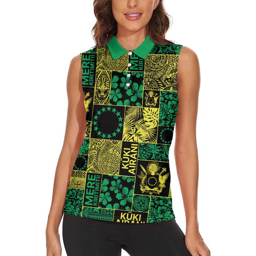 Cook Islands Mere Kiritimiti Women Sleeveless Polo Shirt Pacific Patchwork Xmas Vibes - Polynesian Pride