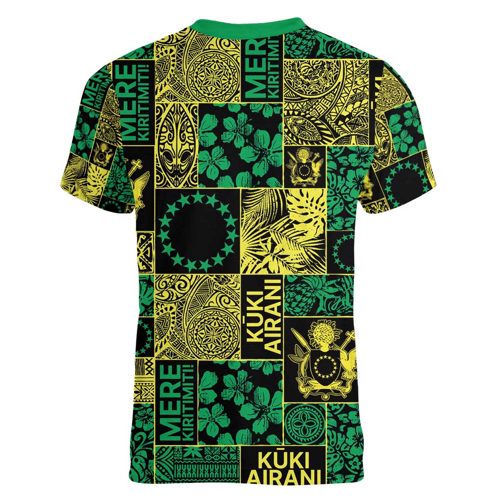 Cook Islands Mere Kiritimiti Women V-Neck T-Shirt Pacific Patchwork Xmas Vibes - Polynesian Pride