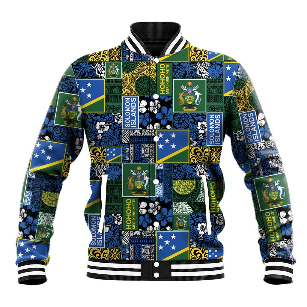 Solomon Islands Meri Kirihimete Baseball Jacket Pacific Patchwork Xmas Vibes - Polynesian Pride