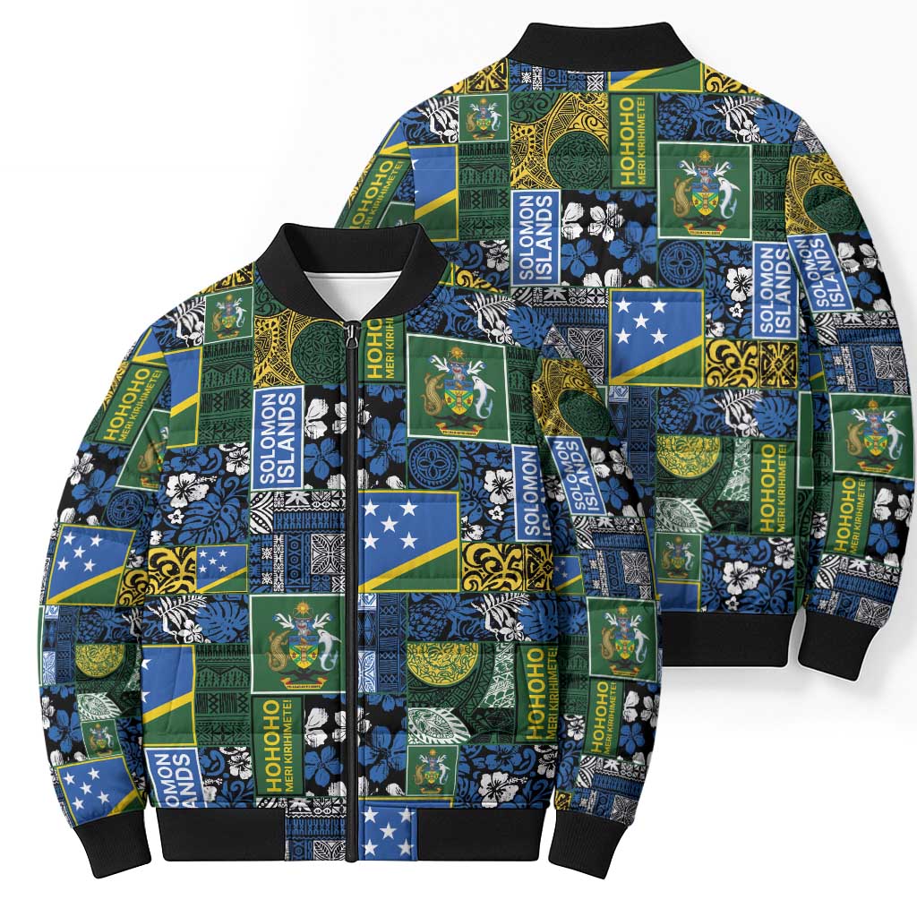 Solomon Islands Meri Kirihimete Bomber Puffer Jacket Pacific Patchwork Xmas Vibes - Polynesian Pride