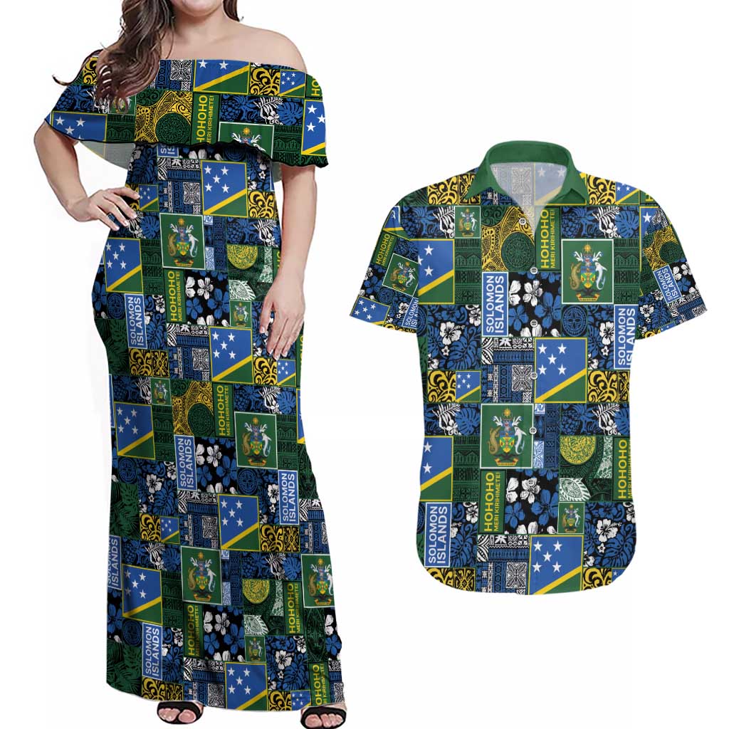 Solomon Islands Meri Kirihimete Couples Matching Off Shoulder Maxi Dress and Hawaiian Shirt Pacific Patchwork Xmas Vibes - Polynesian Pride