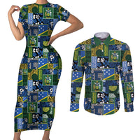 Solomon Islands Meri Kirihimete Couples Matching Short Sleeve Bodycon Dress and Long Sleeve Button Shirt Pacific Patchwork Xmas Vibes - Polynesian Pride