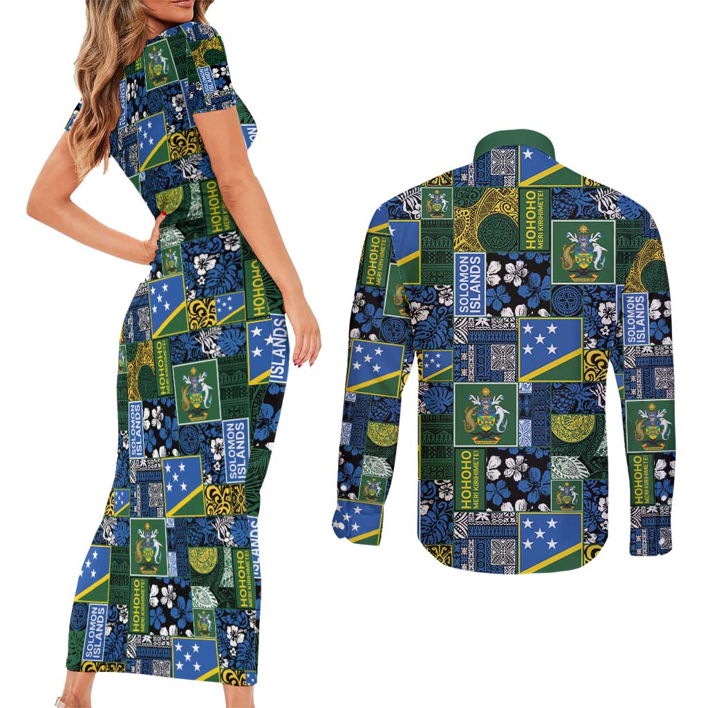 Solomon Islands Meri Kirihimete Couples Matching Short Sleeve Bodycon Dress and Long Sleeve Button Shirt Pacific Patchwork Xmas Vibes - Polynesian Pride
