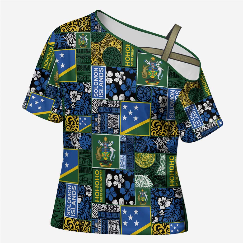 Solomon Islands Meri Kirihimete Cross Shoulder Shirt Pacific Patchwork Xmas Vibes - Polynesian Pride