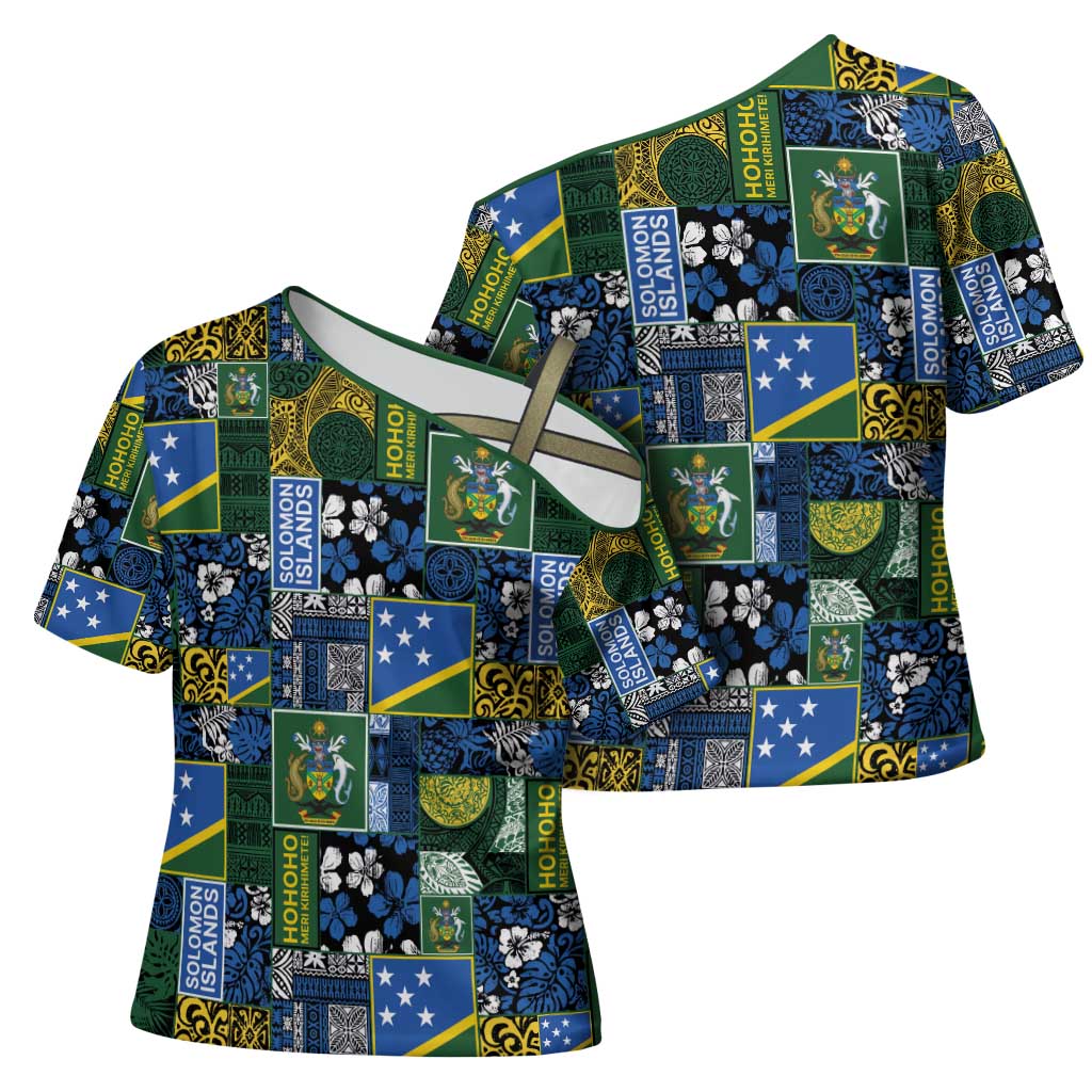 Solomon Islands Meri Kirihimete Cross Shoulder Shirt Pacific Patchwork Xmas Vibes - Polynesian Pride