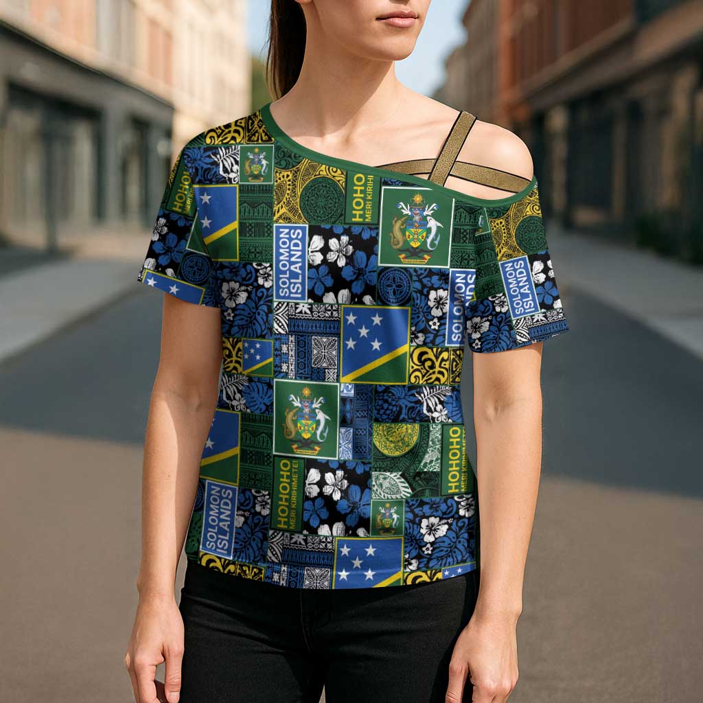 Solomon Islands Meri Kirihimete Cross Shoulder Shirt Pacific Patchwork Xmas Vibes - Polynesian Pride