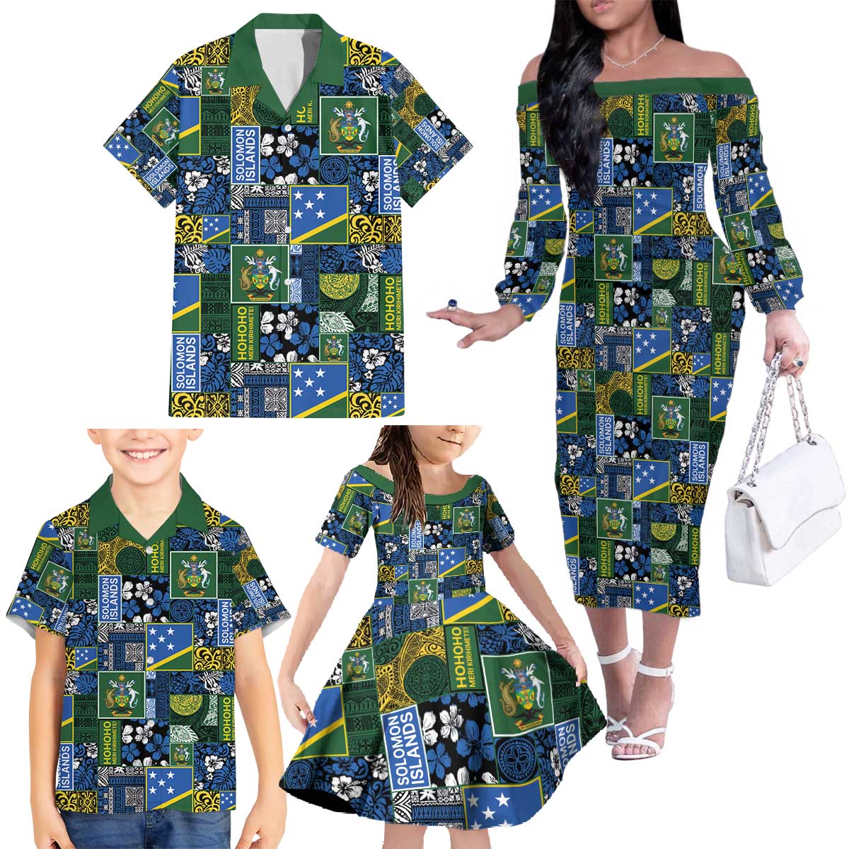 Solomon Islands Meri Kirihimete Family Matching Off The Shoulder Long Sleeve Dress and Hawaiian Shirt Pacific Patchwork Xmas Vibes - Polynesian Pride