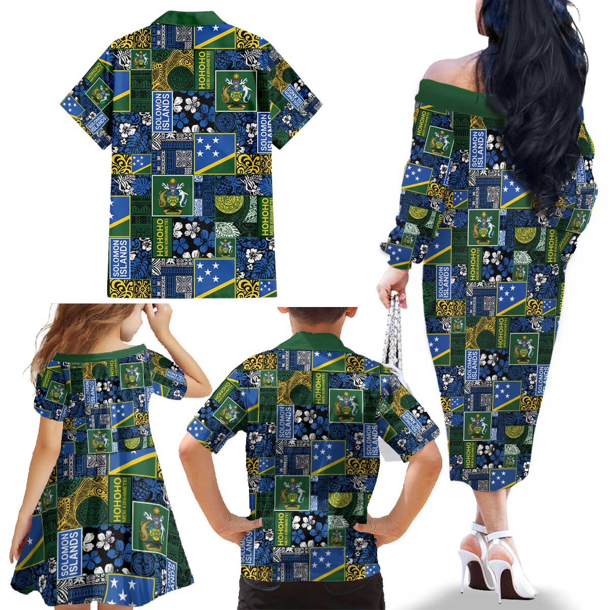 Solomon Islands Meri Kirihimete Family Matching Off The Shoulder Long Sleeve Dress and Hawaiian Shirt Pacific Patchwork Xmas Vibes - Polynesian Pride