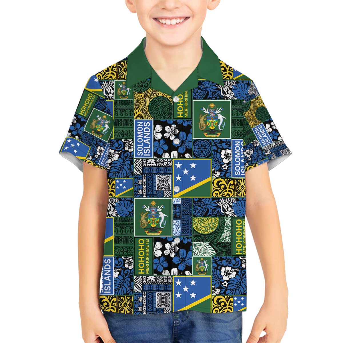 Solomon Islands Meri Kirihimete Family Matching Off The Shoulder Long Sleeve Dress and Hawaiian Shirt Pacific Patchwork Xmas Vibes - Polynesian Pride